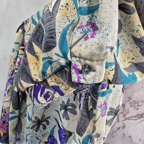 Vintage Blouse Womens Large 80s 90s Purple Blue Floral Long Sleeve Button Artsy - Picture 8 of 11